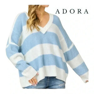 0625.‎ ADORA KNITTED LONG SLEEVE SWEATER STRIPES SIZE M/L BABY BLUE/WHITE COLOR